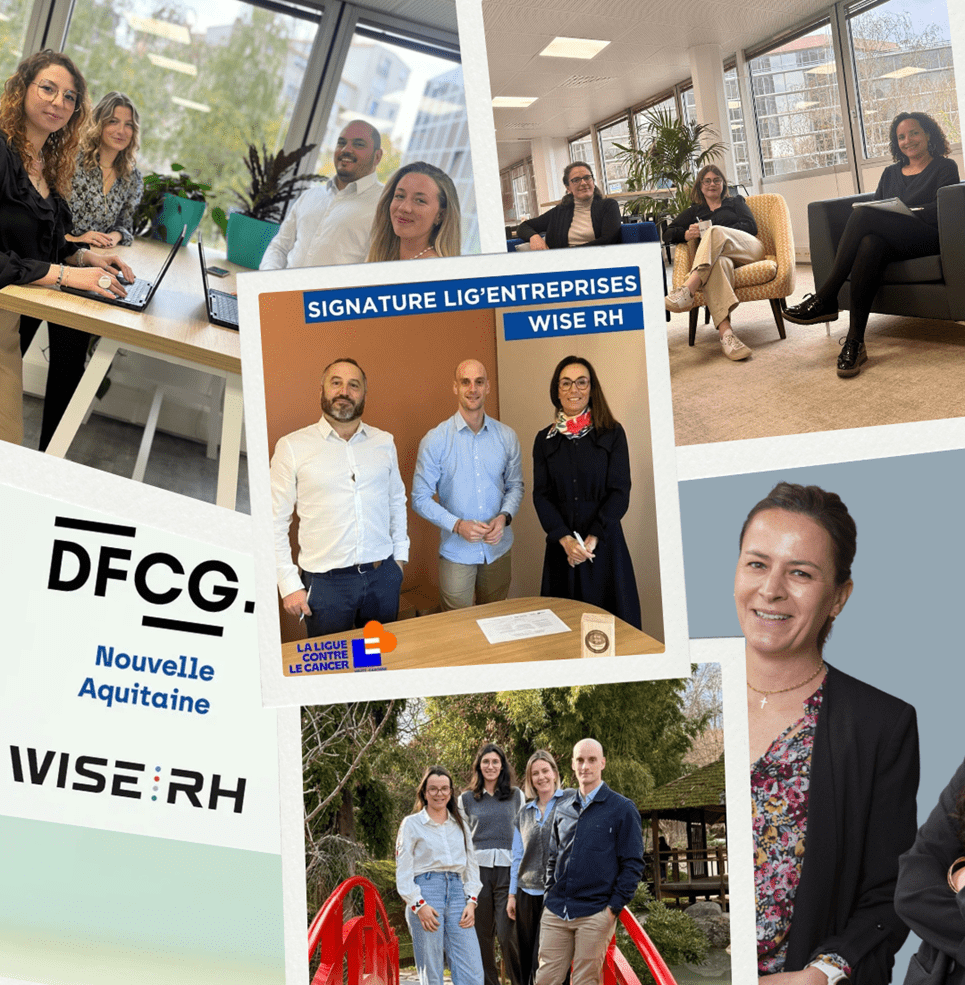 Montage photo des équipes et partenaires de WISE RH, cabinet de conseil RH à Toulouse et Bordeaux, avec des moments clés et des collaborations engagées